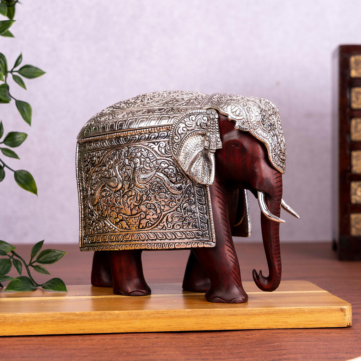 The Bombay Store Wooden Mysore Elephant with Metal work 6 in