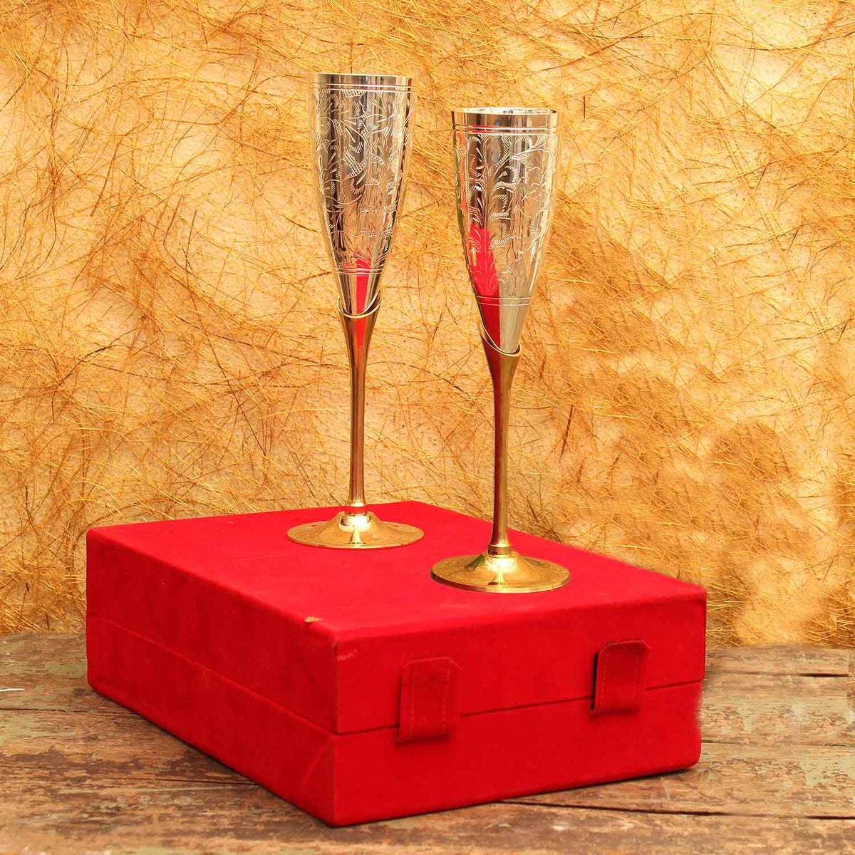 The Bombay Store Brass Goblet Set of 2 with Red Velvet Box