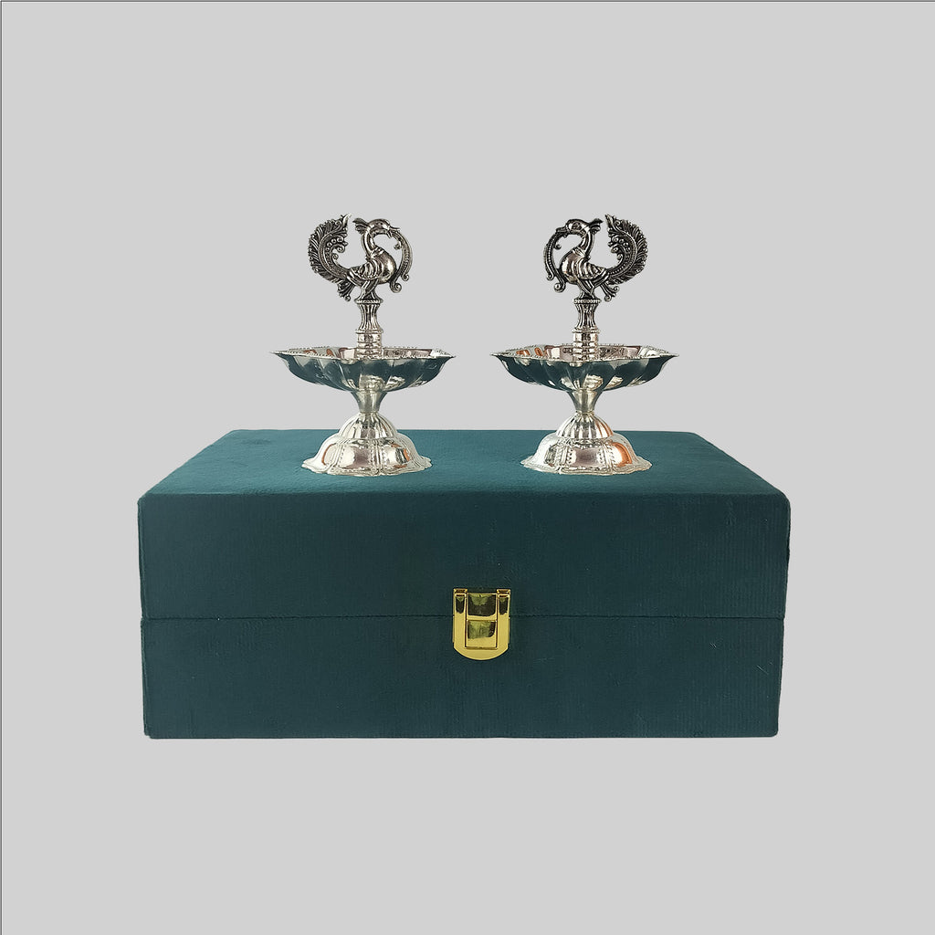 Brass Deepak in Peacock Design with Silver Plating 4.5 in Each (S/2)