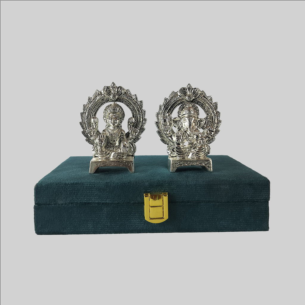Brass Ganesh & Lakshmi with Silver Plating 3.5 in