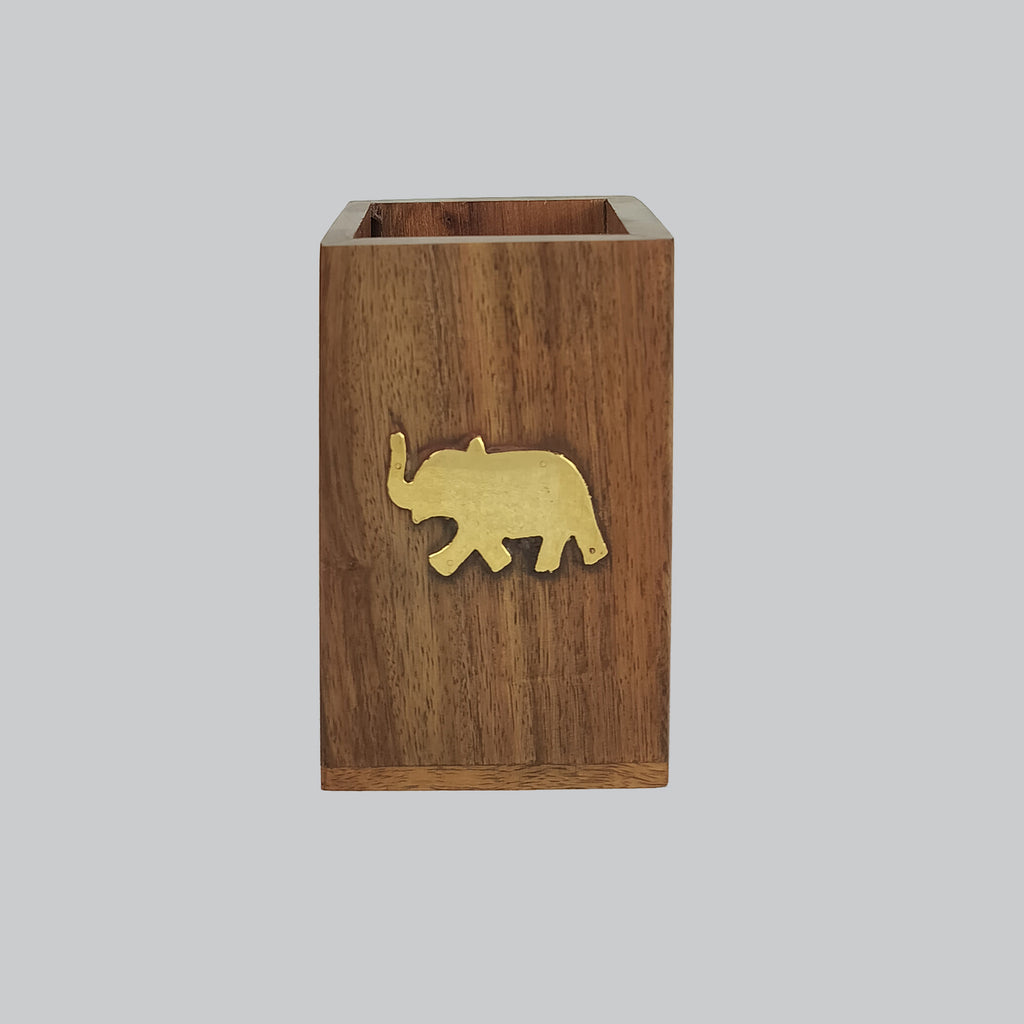 Wooden Penstand with Elephant Design in Brass