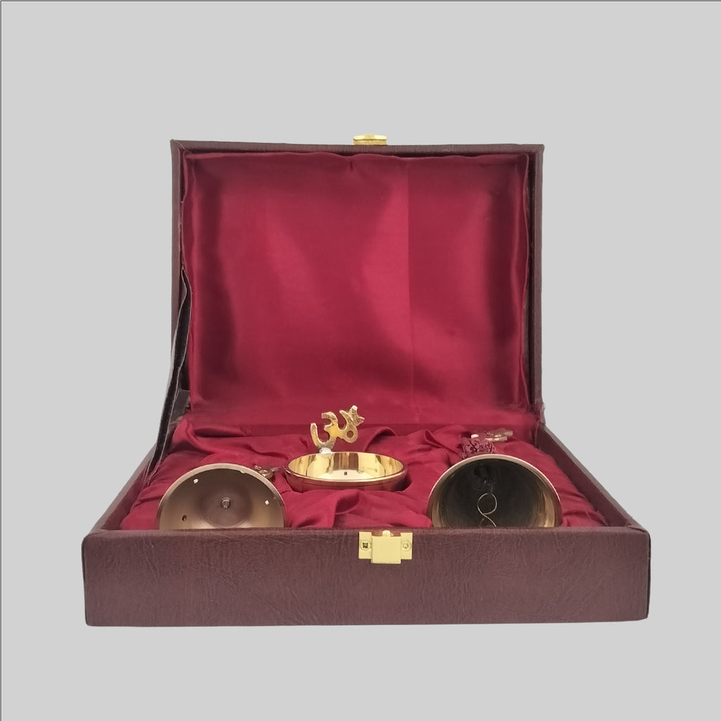 Brass Puja Accessories in Leather Box 5 in (S/3)