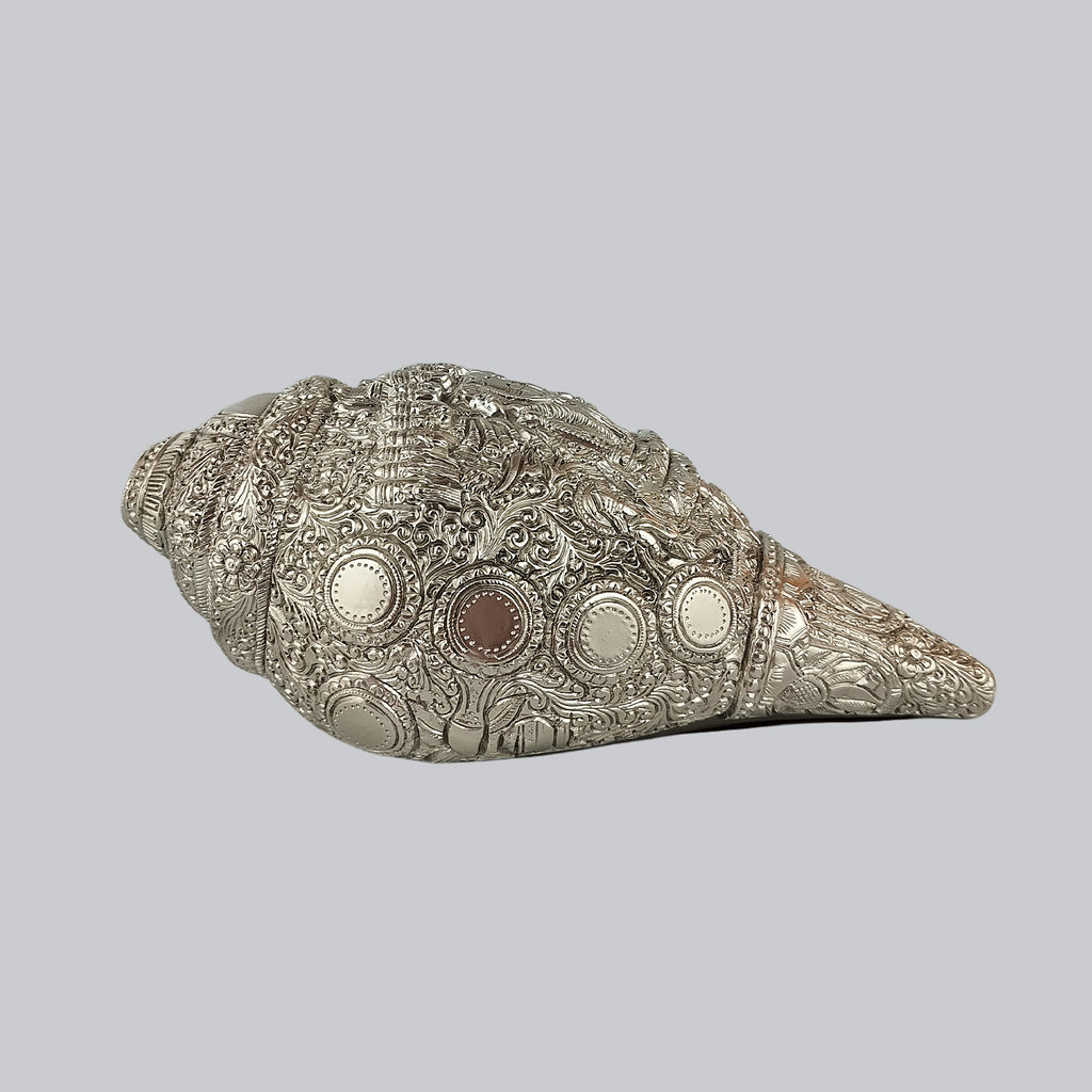 Silver Plated Shankh with Vishnu Carving in 2 Tone Finish 8 in