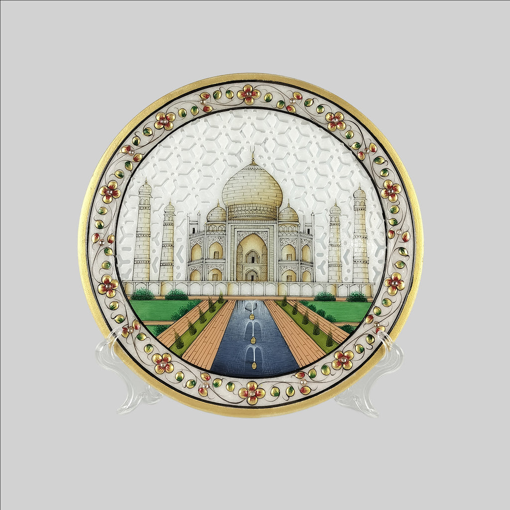 Marble Taj Mahal Plate with Cutwork in Box 9 in