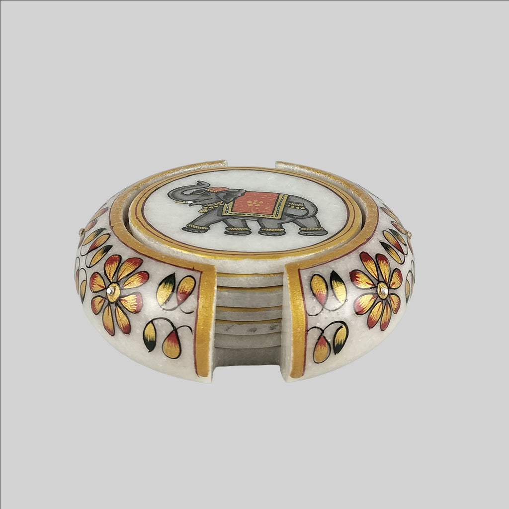 Marble Hand Painted Elephant Tea Coaster (S/6)