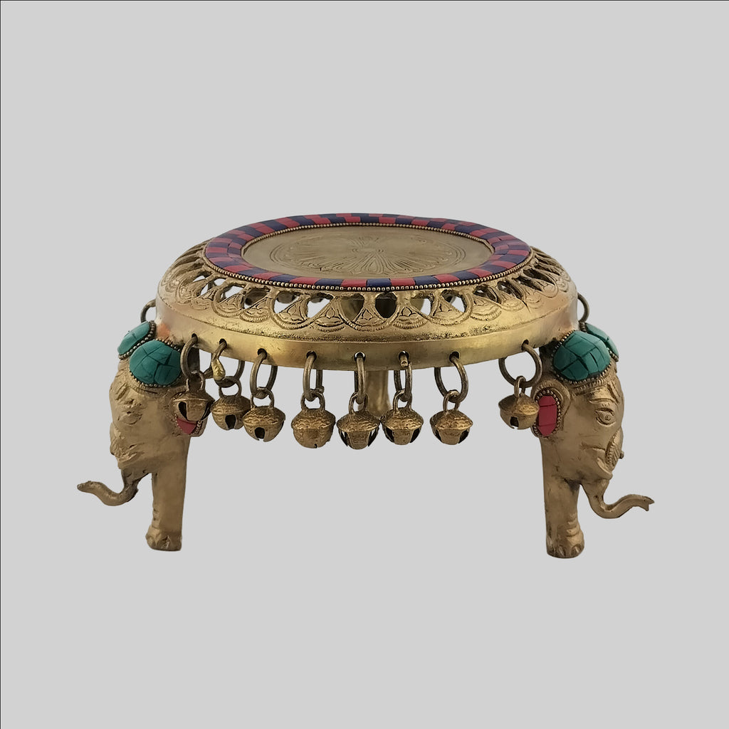 Brass Chowki Elephant Design with Gungroo Stonework 8 in x 5 in