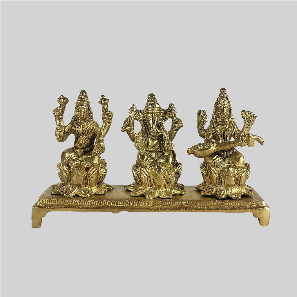 Brass Ganesh, Laxmi, Saraswati Sitting on Base 5.5 in x 3.5 in