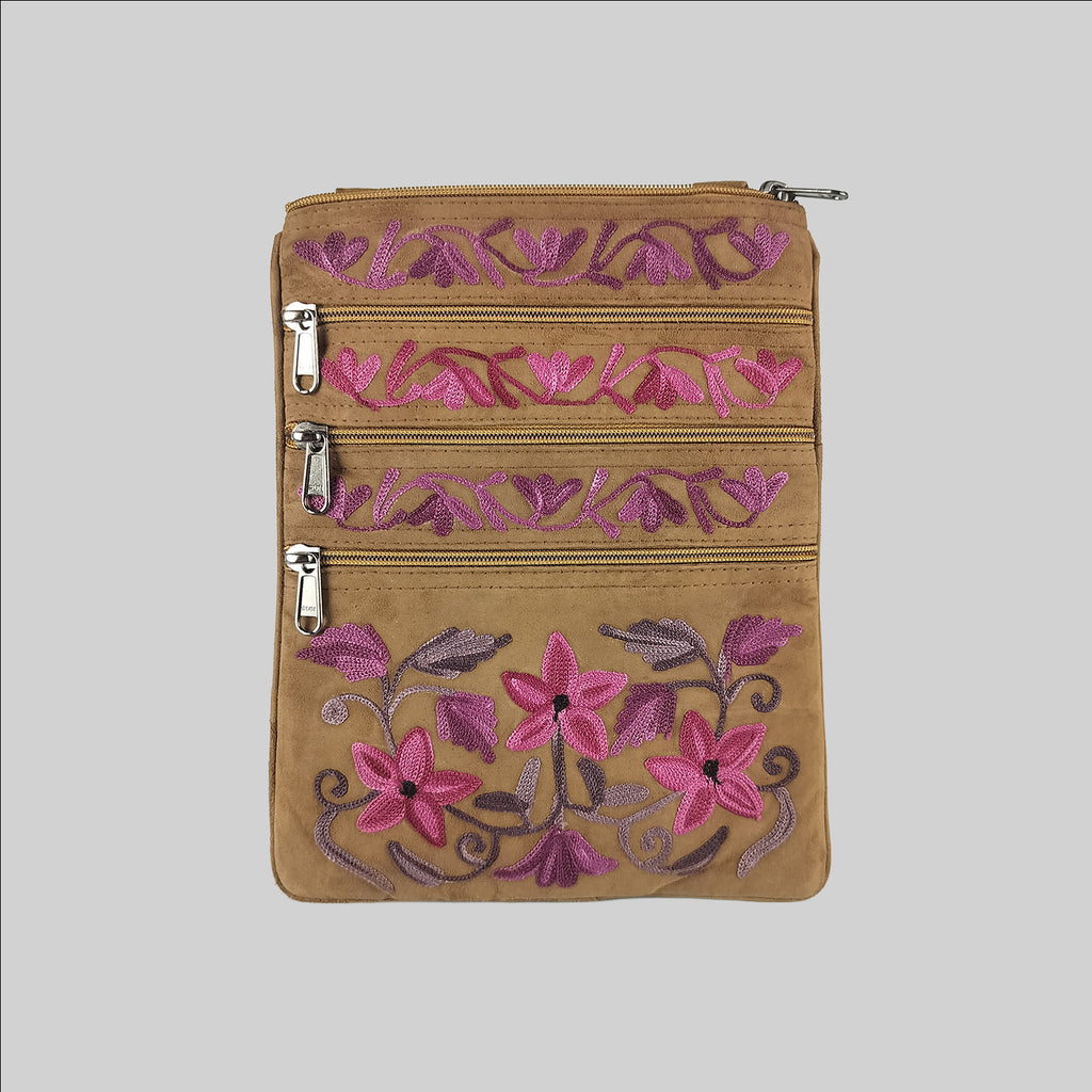 Suede Leather Passport Sling Bag with Embroidery (5 Zips)