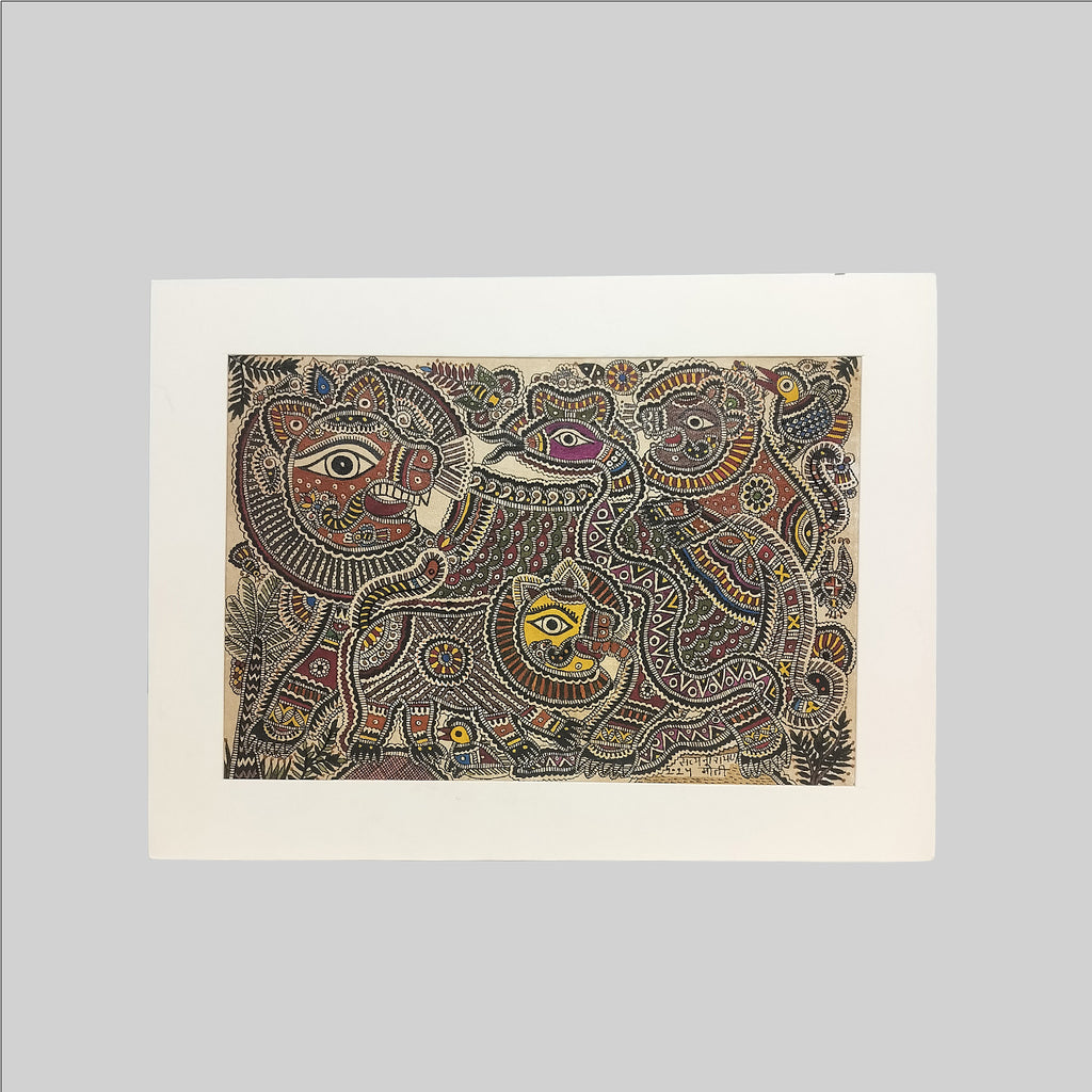 Madhubani Lion Family Painting (Mount) - 11 in x 8 in