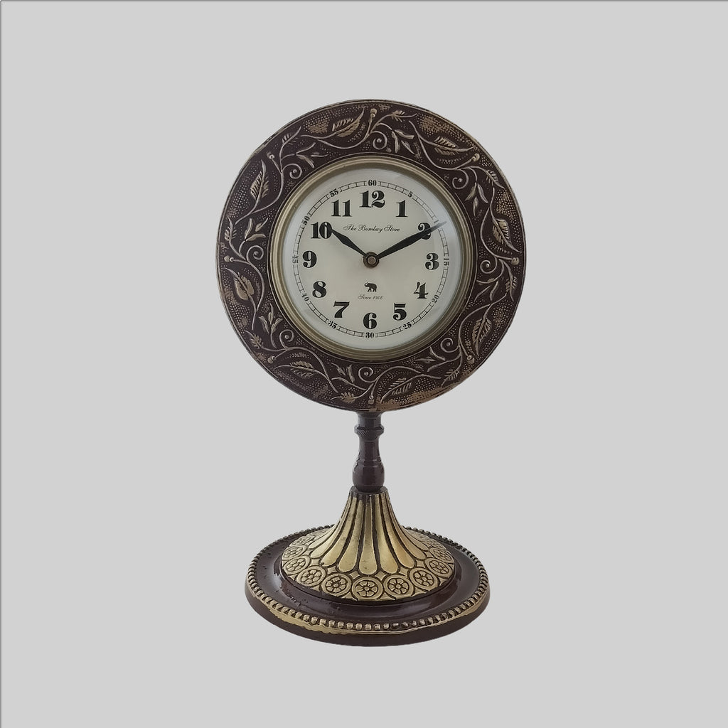 Wooden Round Table Clock with Golden Stand 8 in