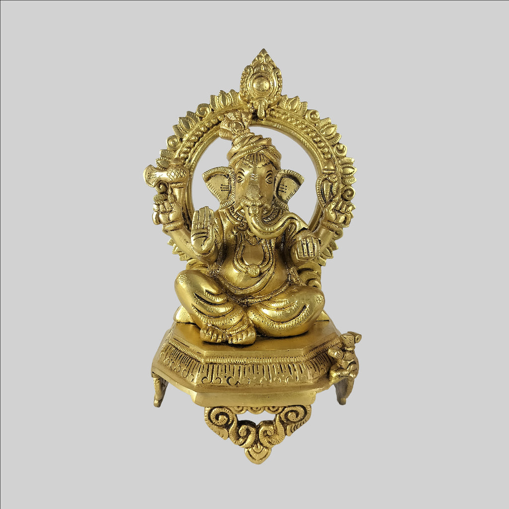 Brass Ganesha Sitting on Octagon with Arch 10.75 in