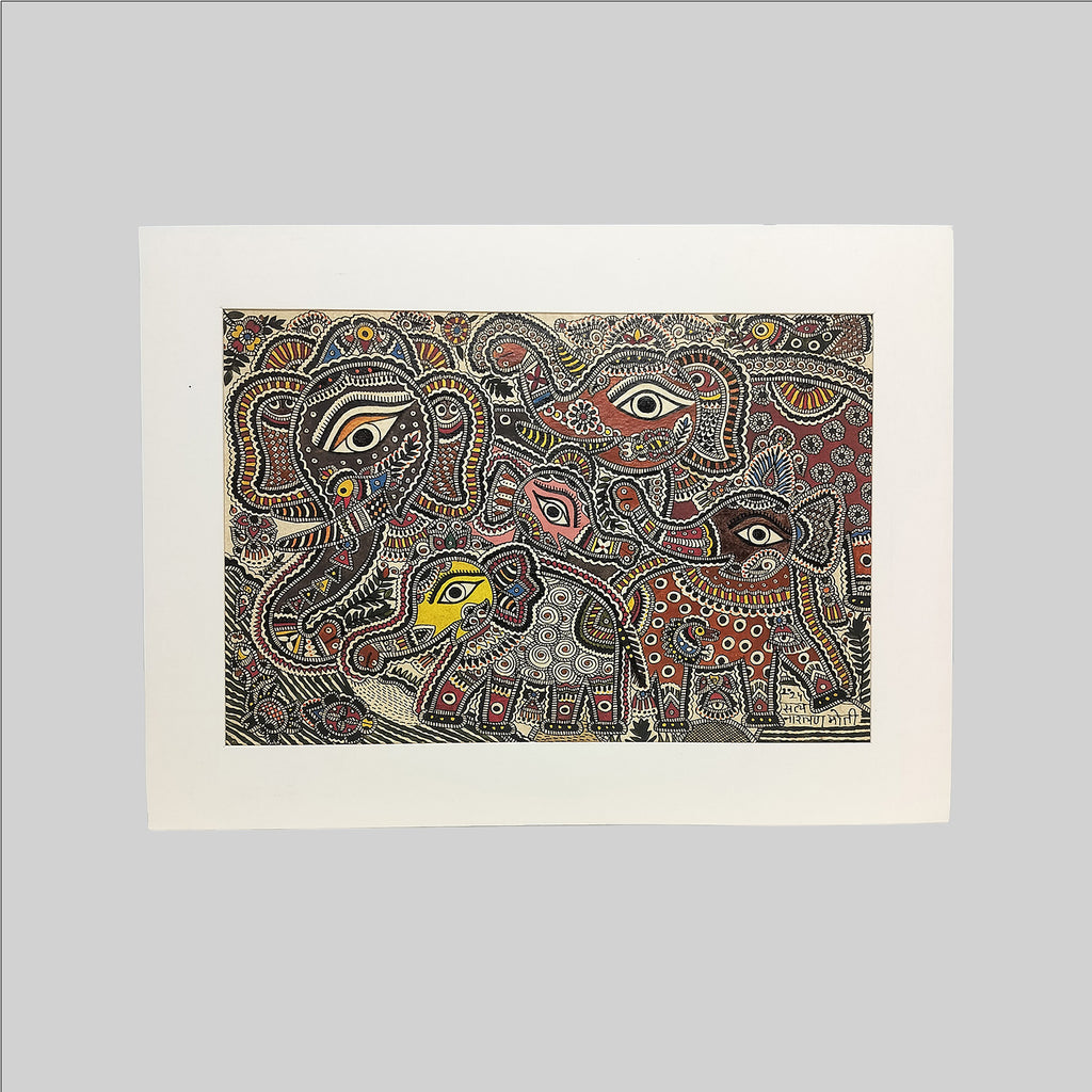 Madhubani Elephant Family Painting (Mount) - 11 in x 8 in