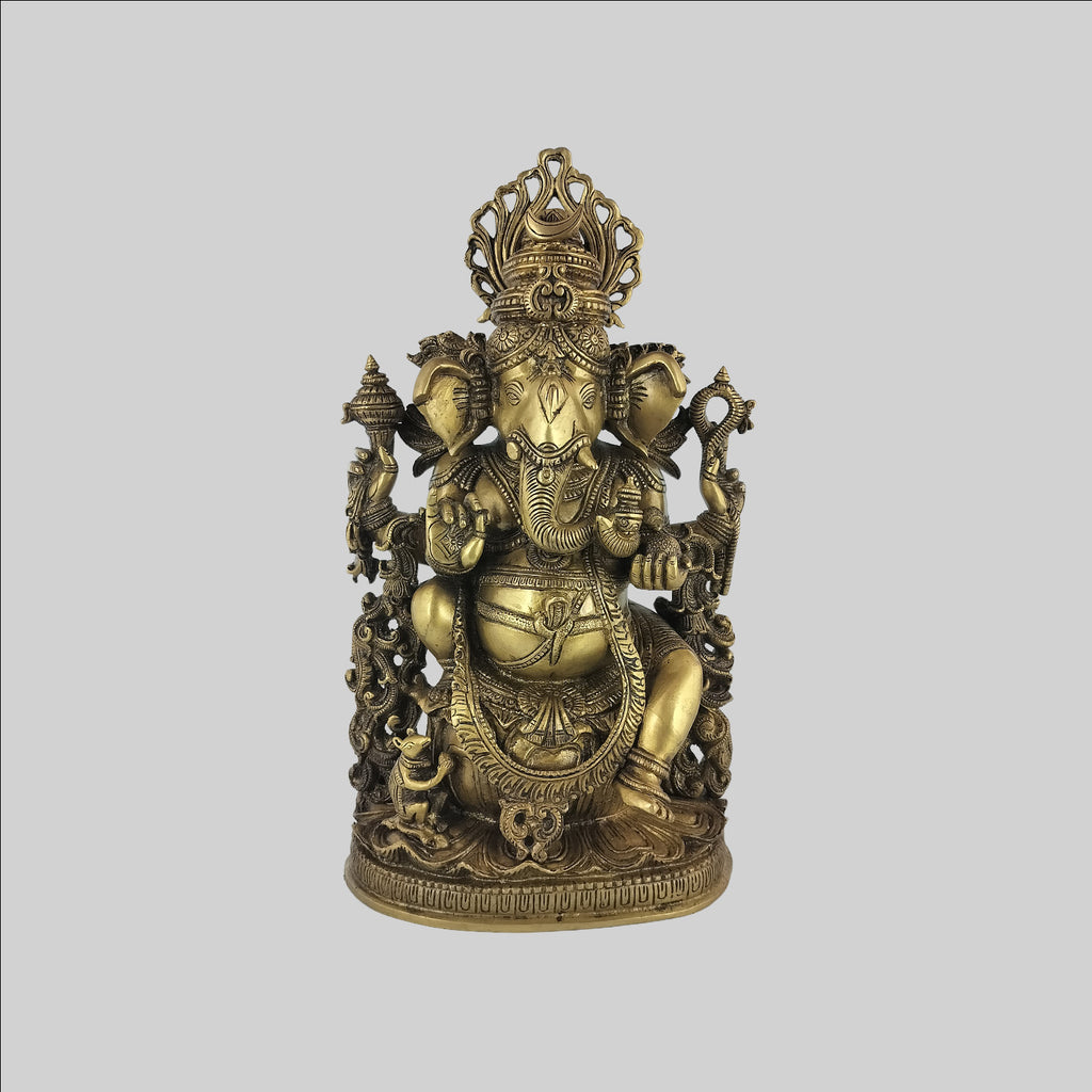 Brass Decorative Ganesha Sitting on Base 14.5 in