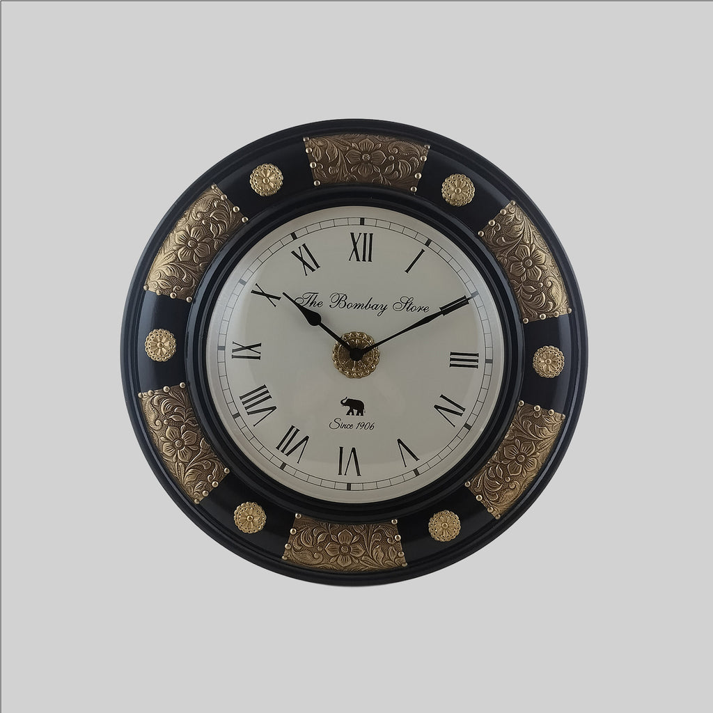 Wood Wall Clock Brass Floral Design 18 in