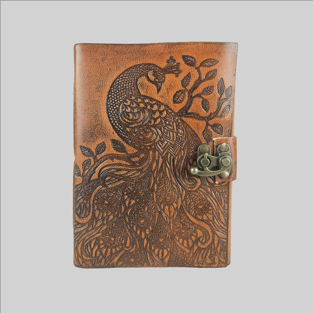 Leather Diary with Embossed Peacock Design & Metal Lock 7 in x 5 in