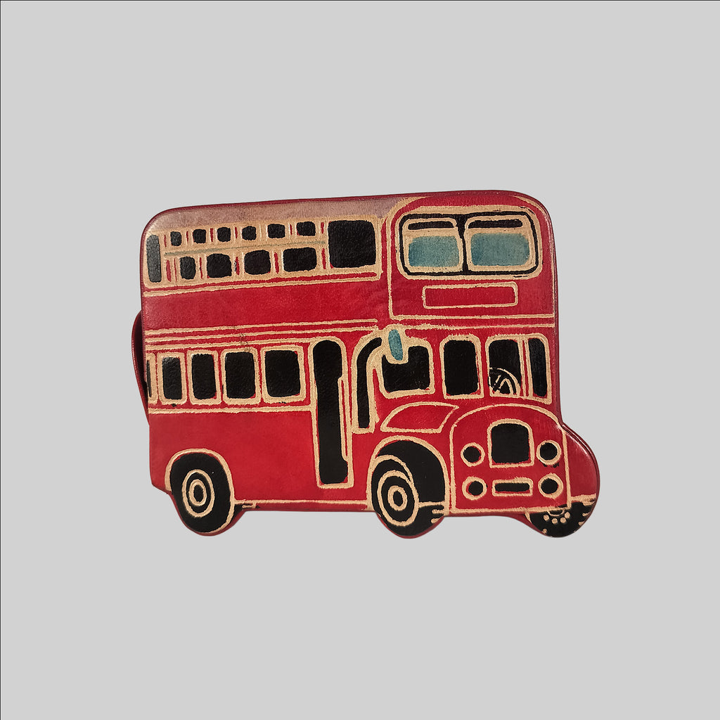 Shanti Niketan Leather Piggy Bank with Red Bus Design