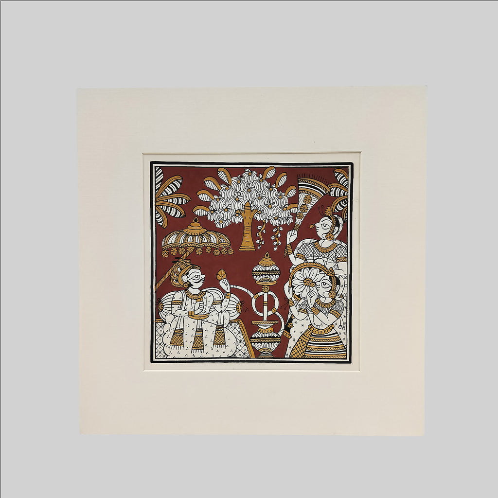Phad Raja with Hukka Painting (Mount) - 9.5 in x 9.5 in