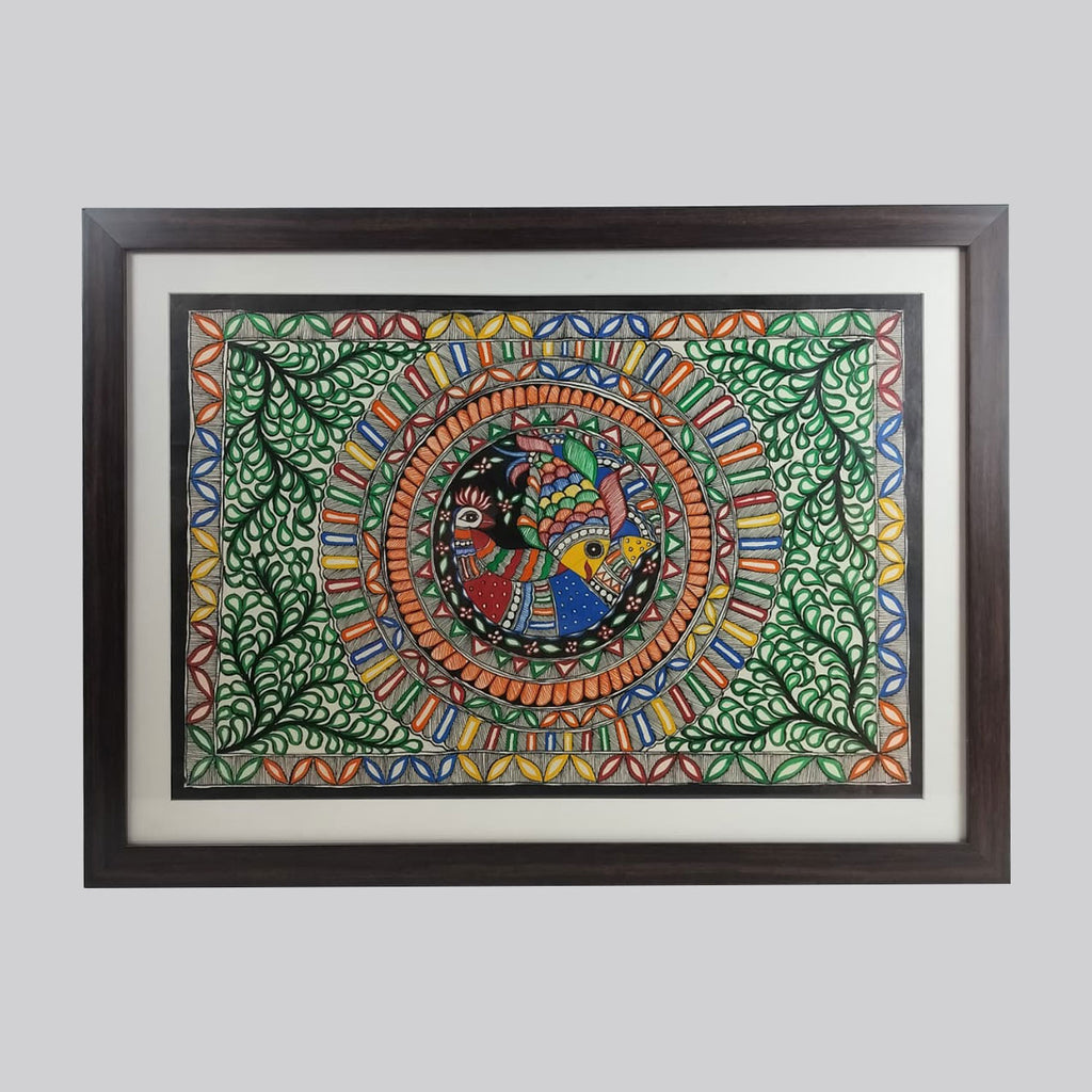 Madhubani Peacock & Fish Painting (Frame) - 22 in x 15 in