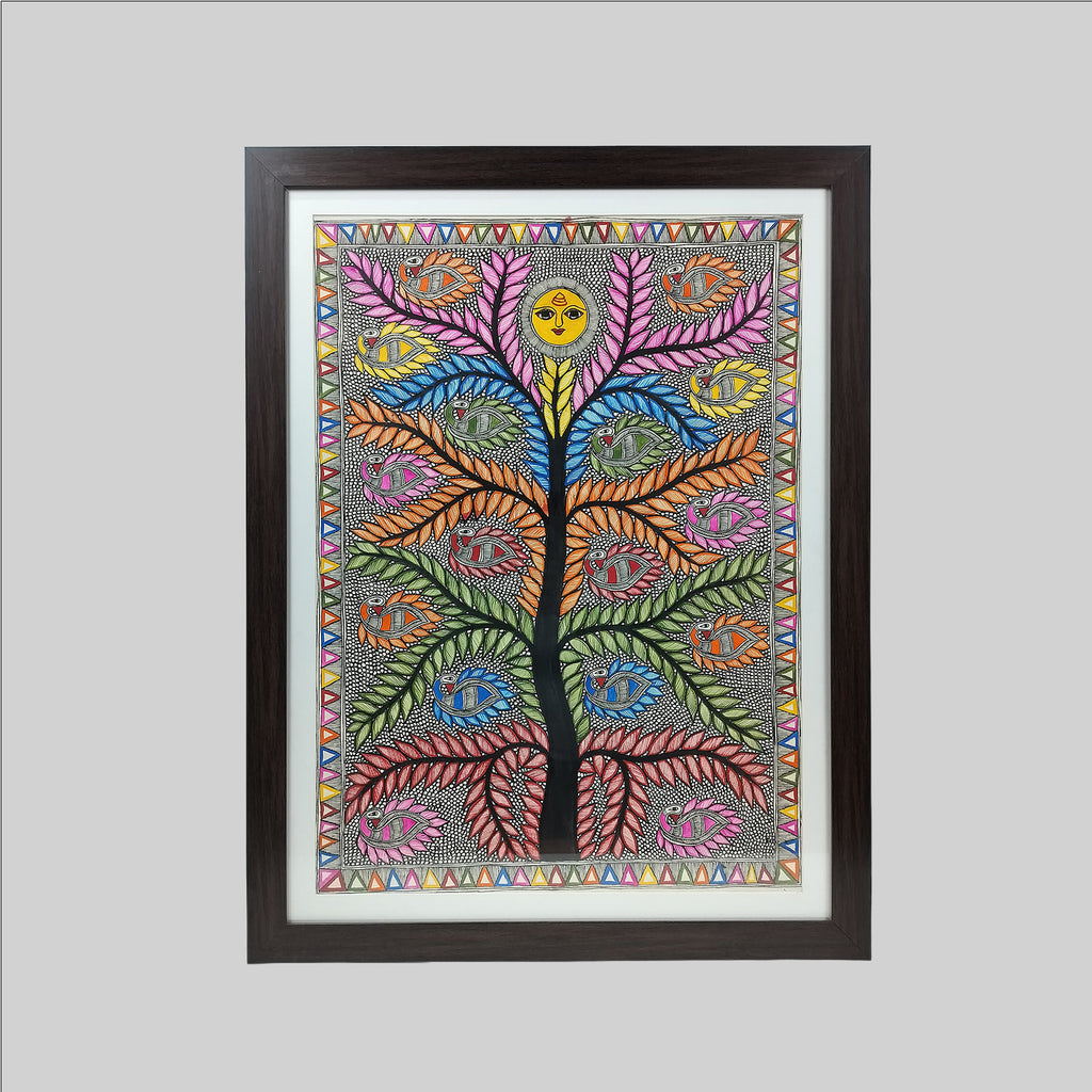 Madhubani Tree of Life Painting (Frame) - 30.2 in x 22.2 in