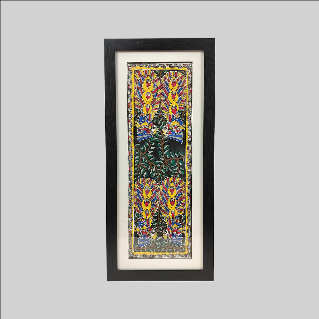 Madhubani Peacock Painting (Frame) - 11 in x 25.5 in
