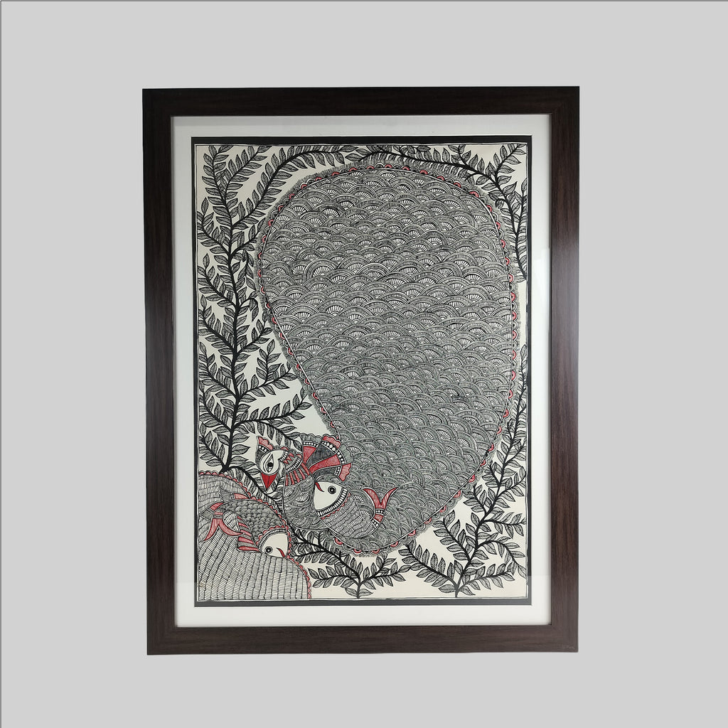 Madhubani Peacock Painting (Frame) - 30.2 in x 22.2 in