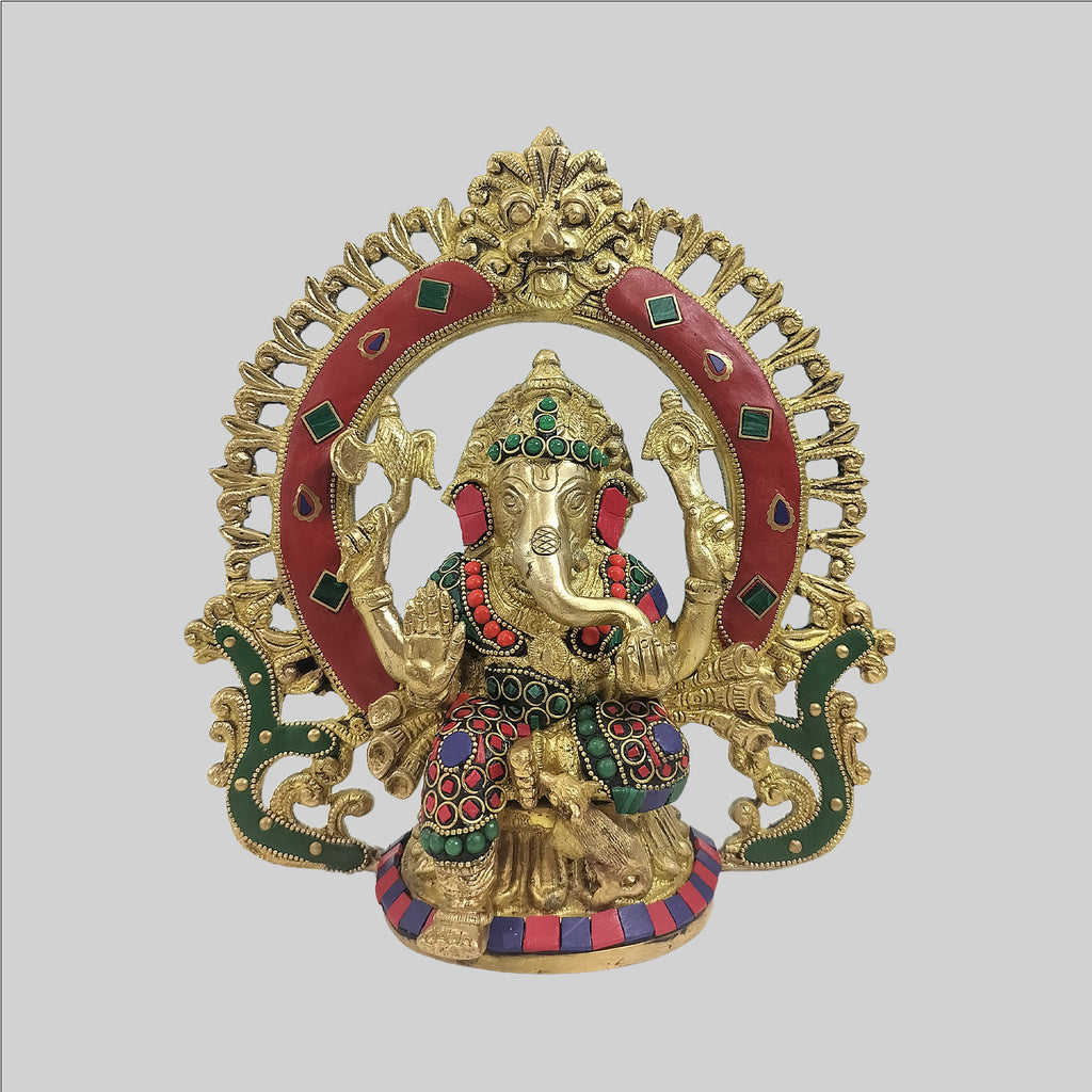 Brass Ganesha in Arch with Ring Stonework 9 in