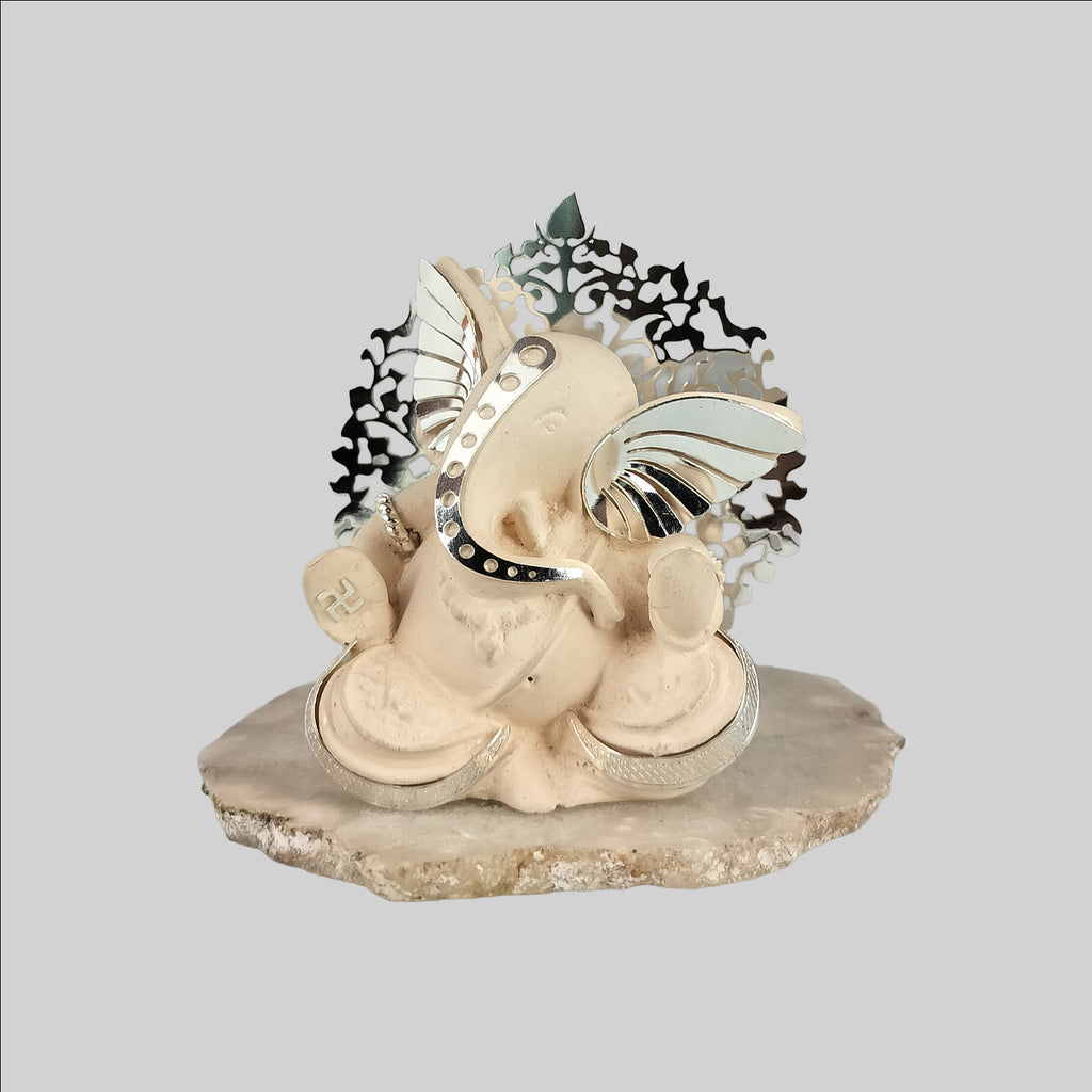 Marble Dust Silver Plated Ganesha on Round Base 4.5 in x 3.5 in