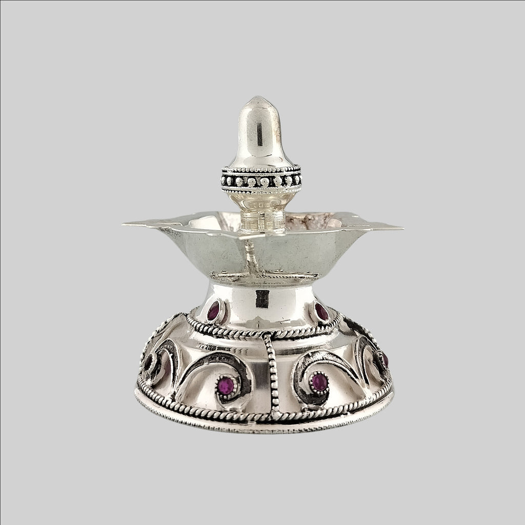 Silver Deepak with 5 Bati Embedded Stones 36.5 gm