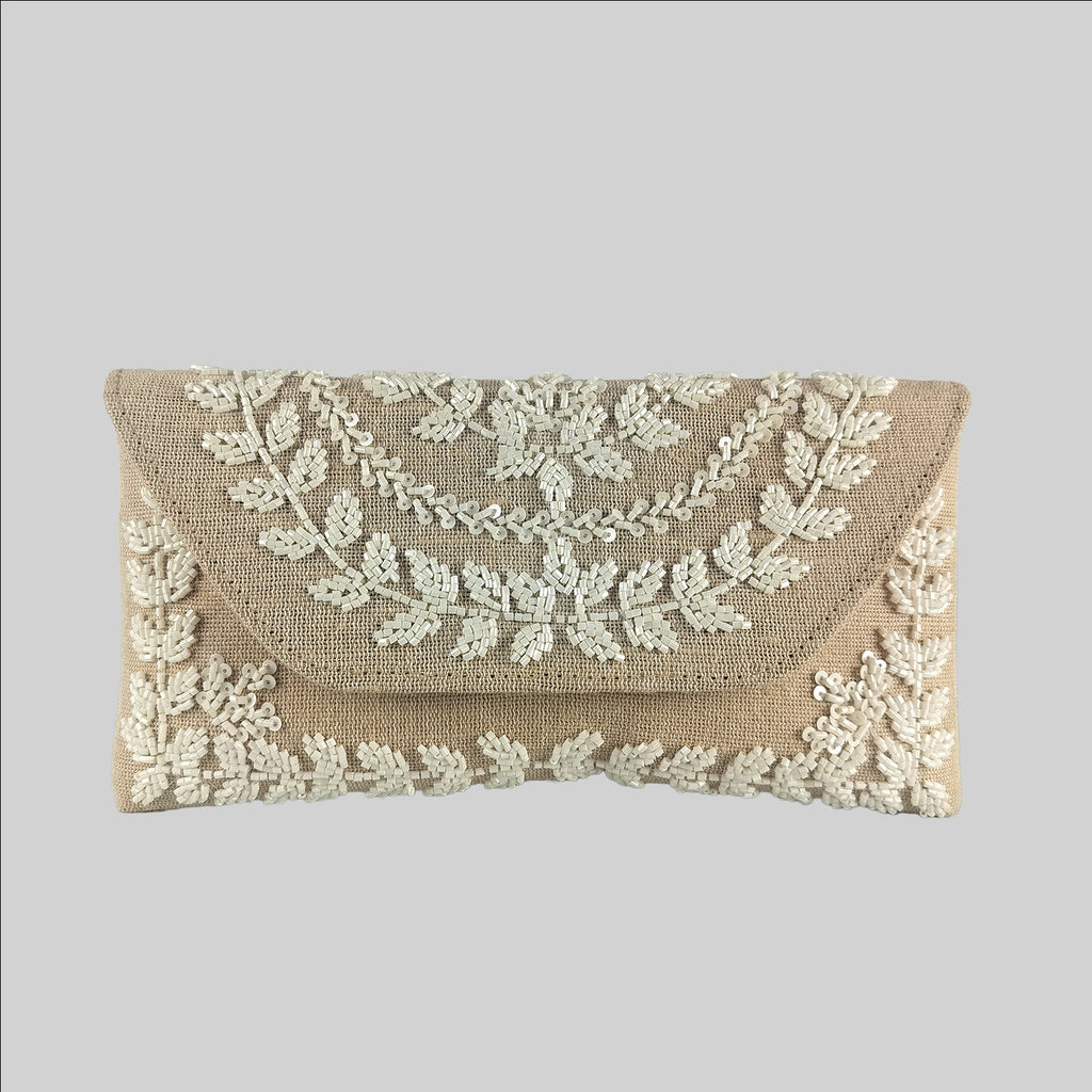 Jute Clutch Bag with White Beaded Flower Design