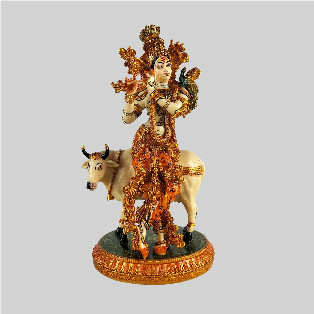 Marble Dust Krishna Standing with Cow 10.5 in