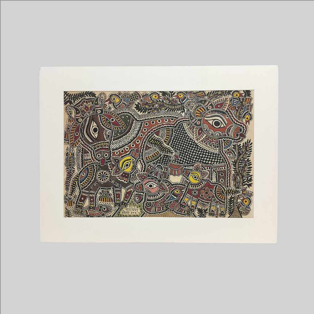 Madhubani Cow Family Painting (Mount) - 11 in x 8 in