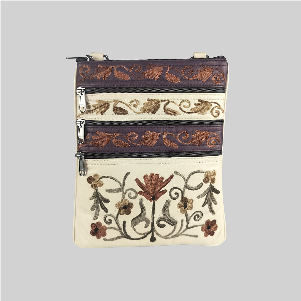 Leather Passport Sling Bag with Embroidery (5 Zips)