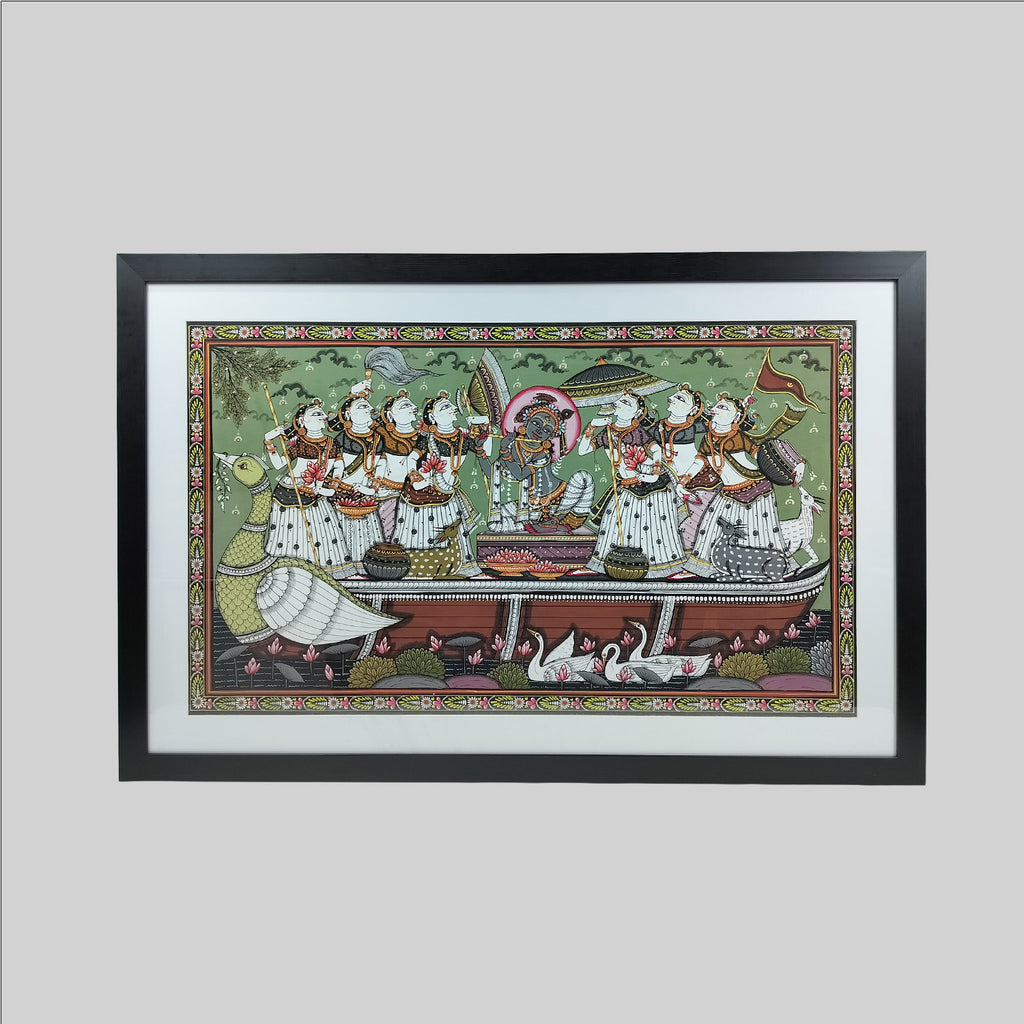 Pattachitra Radha Krishna Painting (Frame) - 24 in x 40 in