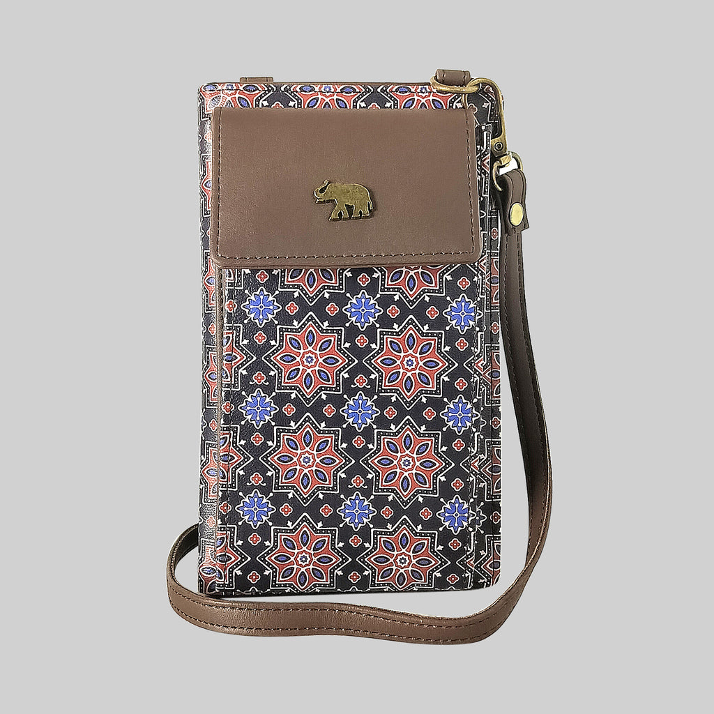Ajrakh Sitara Mobile Sling Bag (Blue & Red)