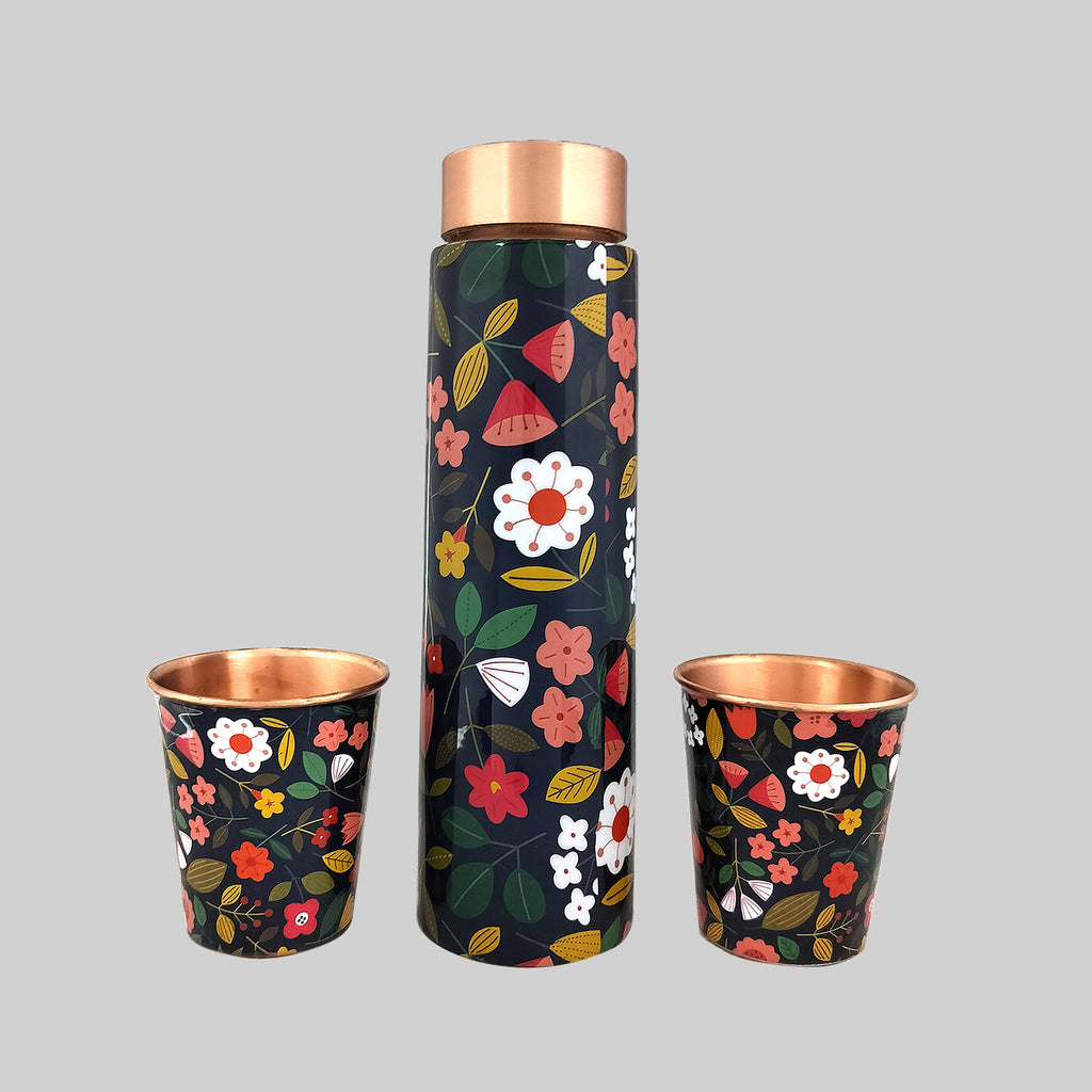 Navy Floral Copper Bottle with 2 Glasses in Gift Box
