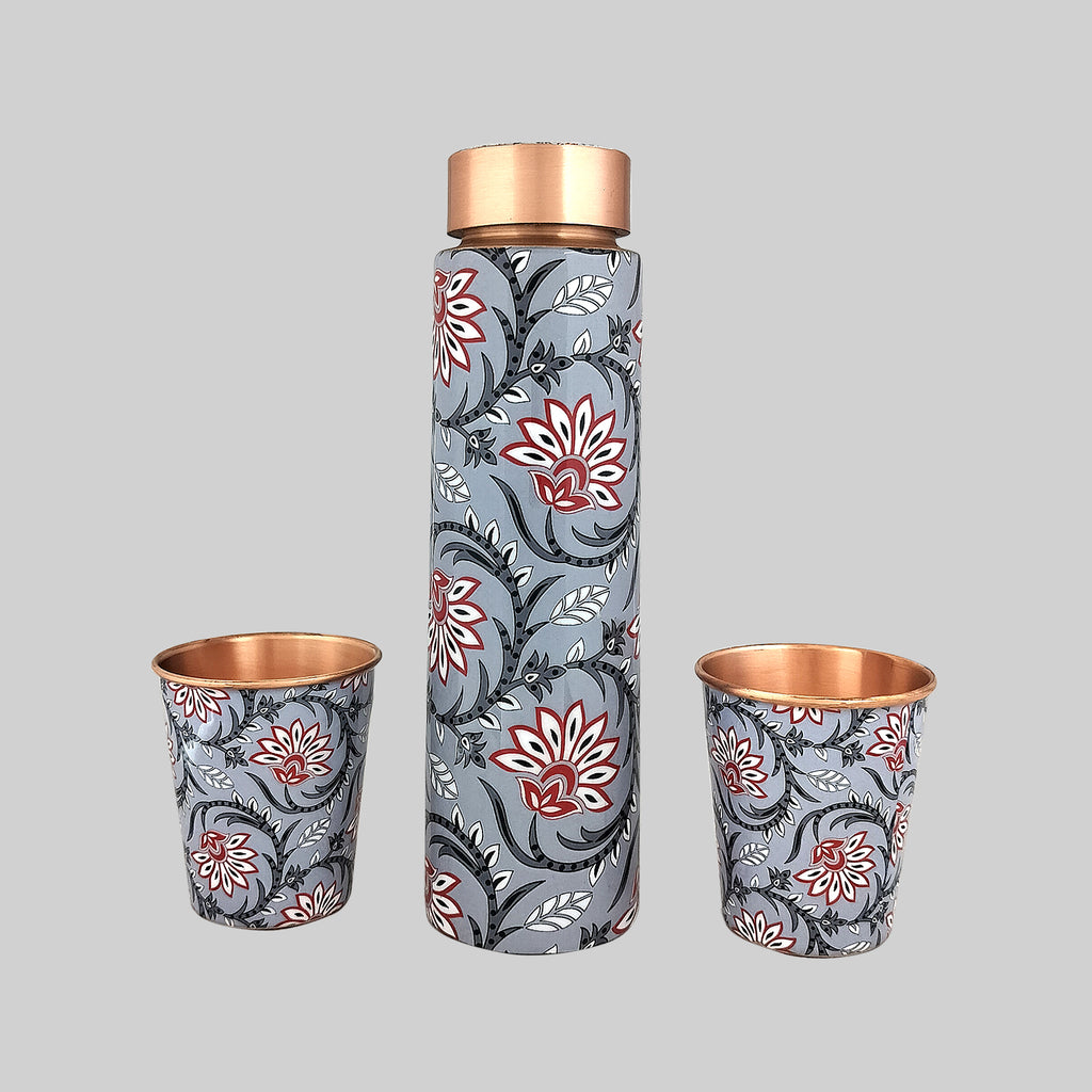Floral Grey Copper Bottle with 2 Glasses in Gift Box