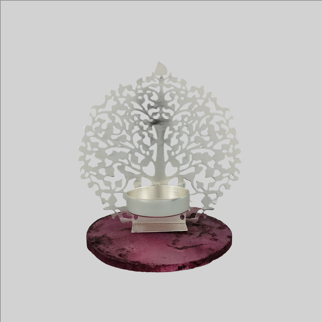 Silver Plated T Light with Tree on Rose Quartz Base