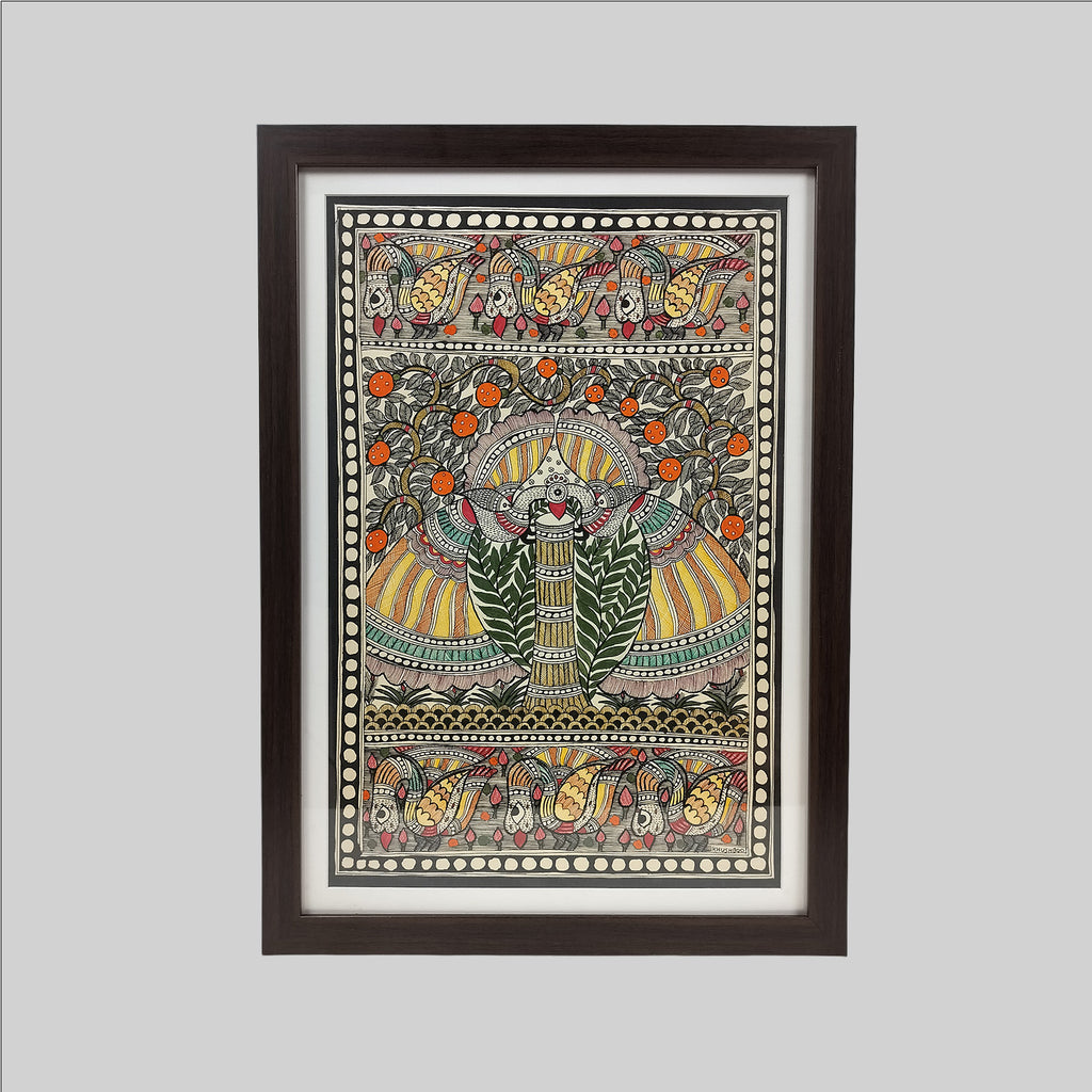 Madhubani Peacock with Swan Painting (Frame) - 15 in x 22 in