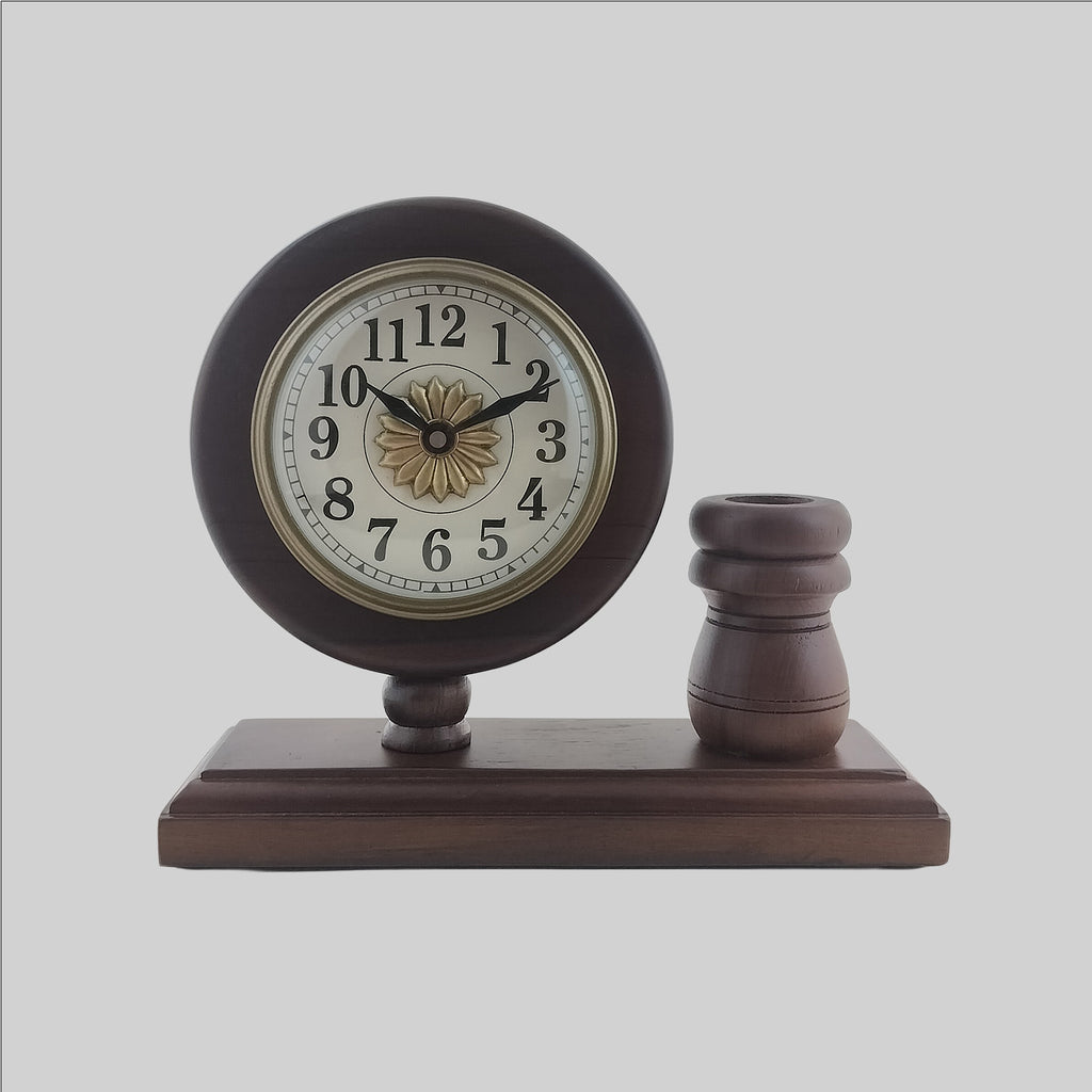 Teak Wood Round Table Clock with Pen Stand 9 in x 3 in x 7 in