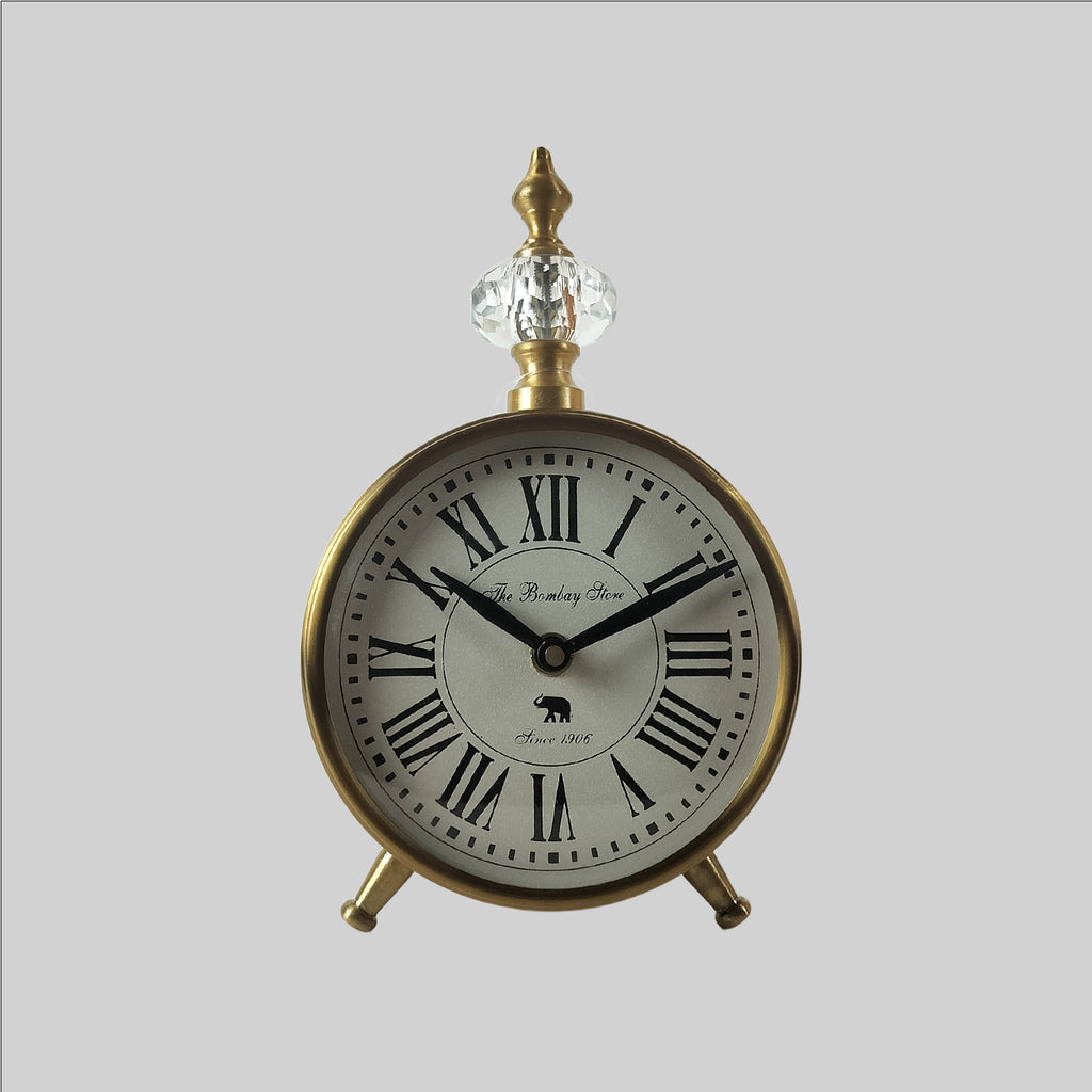 Round Iron Table Clock Fitted in Wood with Brass Finish 5 in x 2 in x 8 in