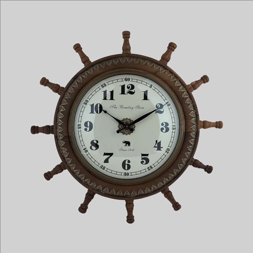 Teak Wooden Round Wall Clock with Brass Work 22 in x 2 in x 22 in