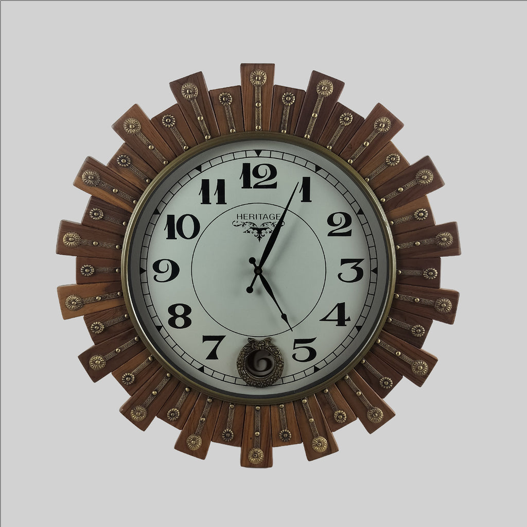 Teak Wood Round Wall Clock with Pendulum 20 in x 3 in x 20 in