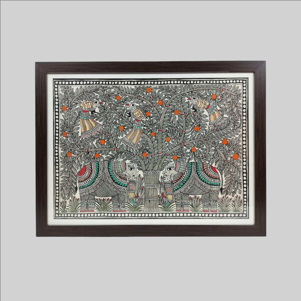 Madhubani Tree of Life Painting (Frame) - 22 in x 30 in
