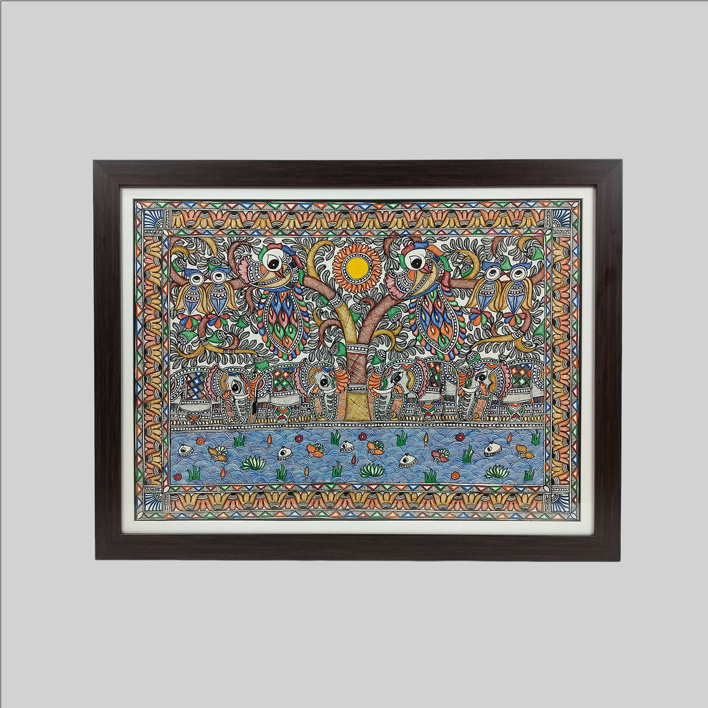 Madhubani Tree of Life Painting (Frame) - 22 in x 30 in