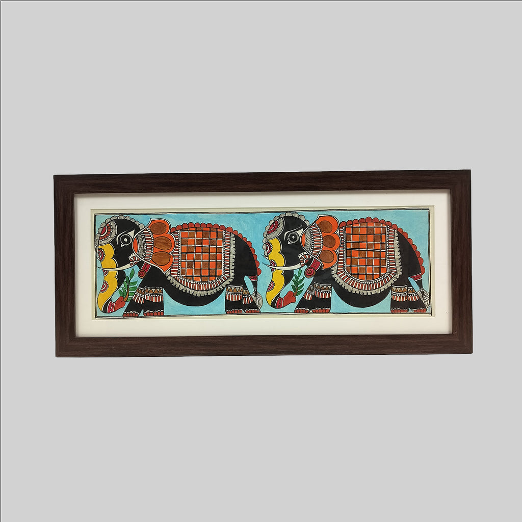 Madhubani Elephant Painting (Frame) - 7.50 in x 22 in