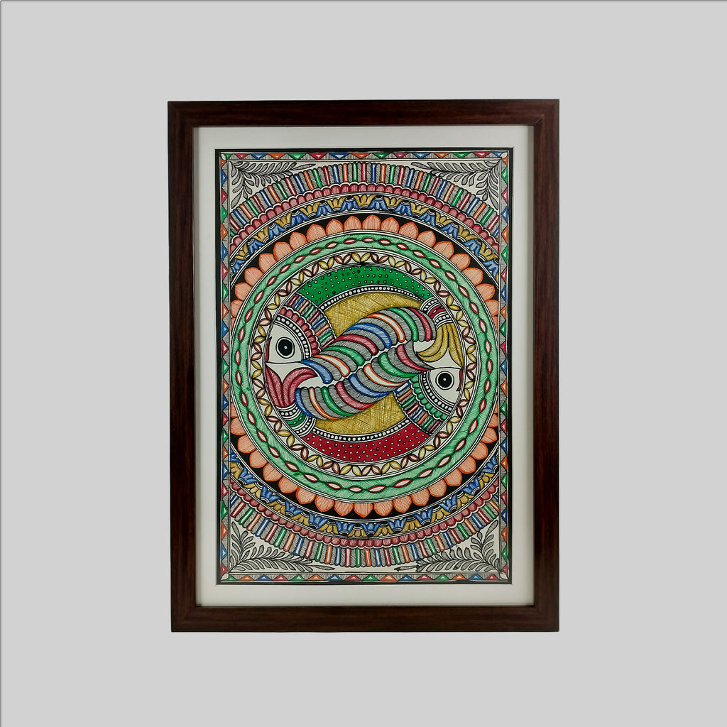 Madhubani Fish Ras Painting (Frame) - 15 in x 22 in