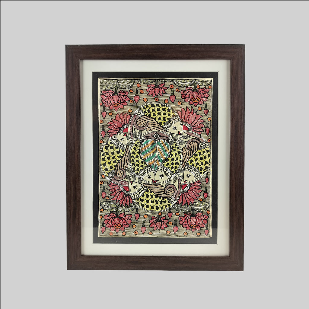 Madhubani Fish Ras Painting (Frame) - 11 in x 15 in