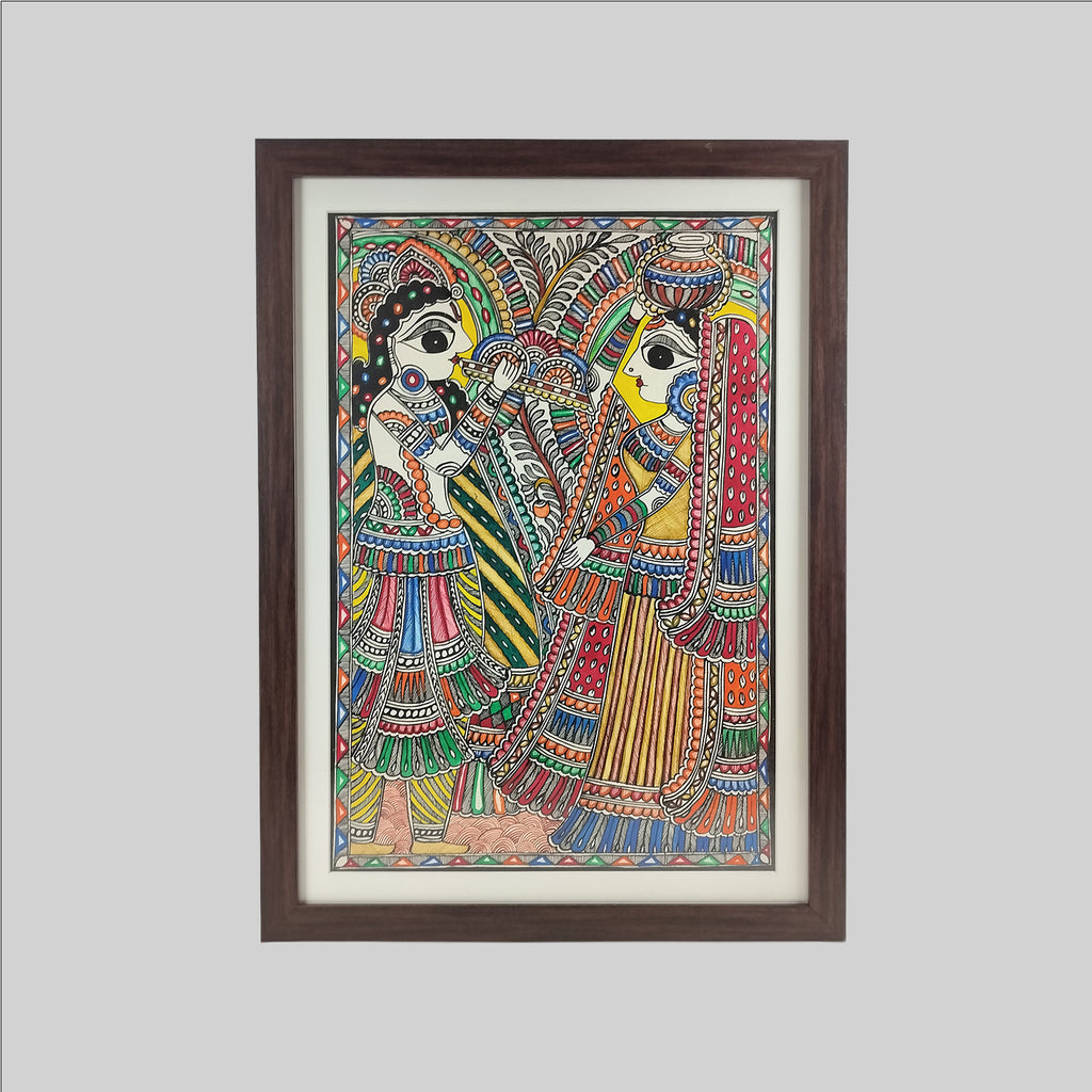 Madhubani Radha Krishna Painting (Frame) - 15 in x 22 in