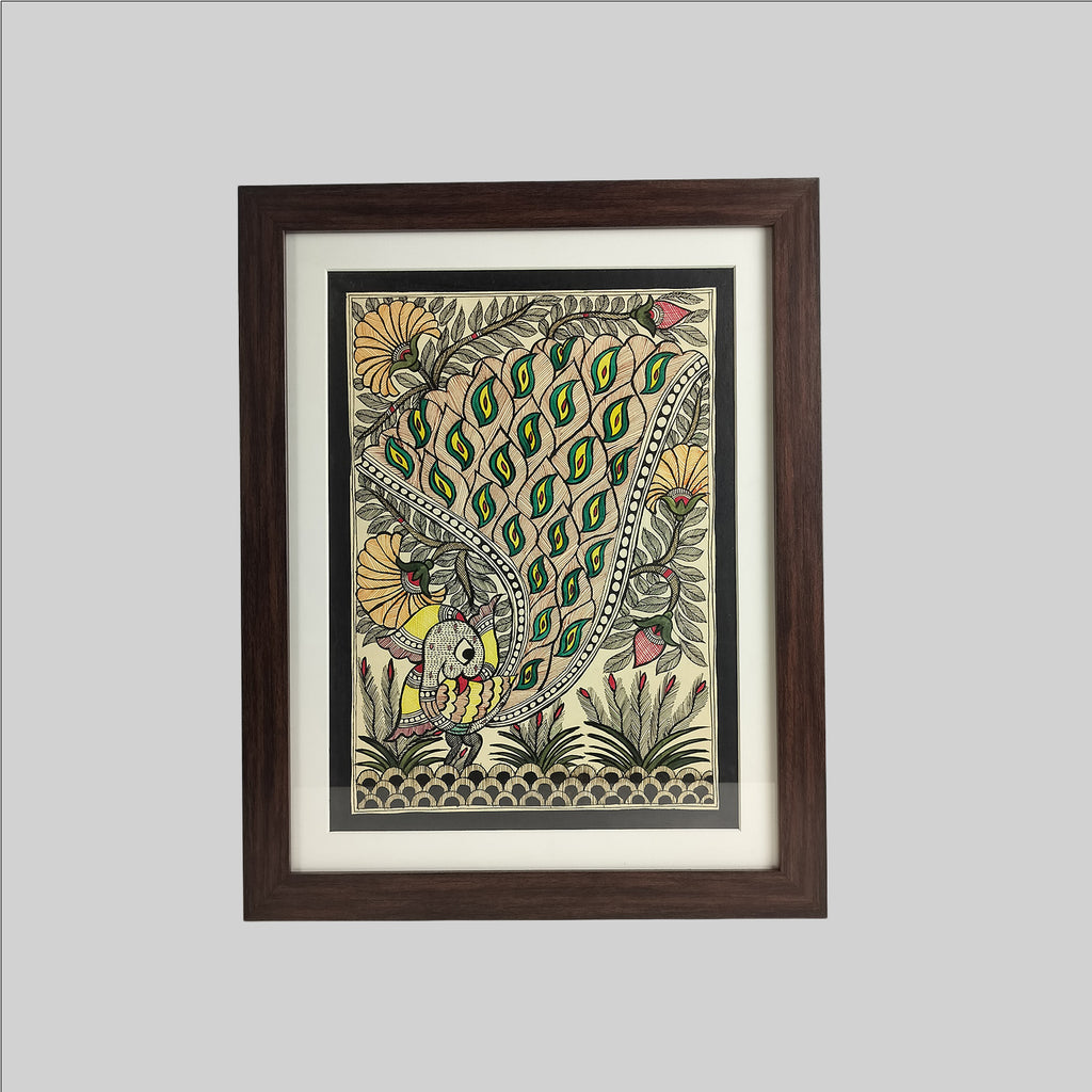 Madhubani Peacock Painting (Frame) - 11 in x 15 in