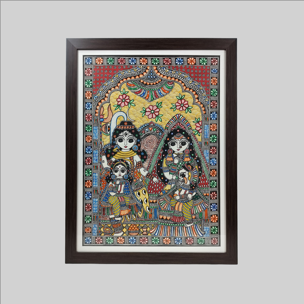 Madhubani Shiva Pariwar Painting (Frame) - 22 in x 30 in